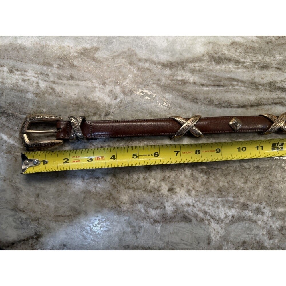 1990s Brighton Womens S Brown Leather Belt Silver XS And Diamond Concho Western - Picture 12 of 15